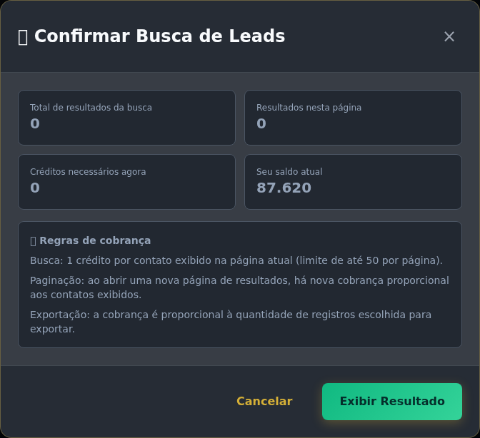Modal de confirmação da busca de leads